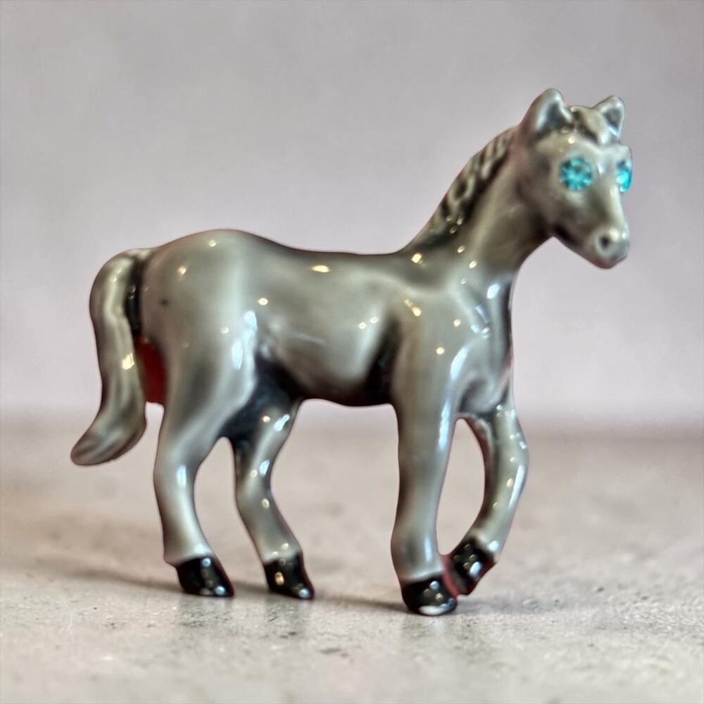 Vintage Horse Brooch Gray Enamel Turquoise Rhinestone Eyes Figural Pin